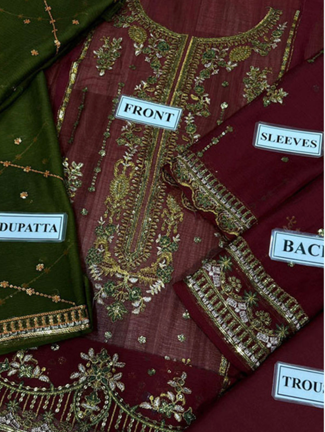 Embroidered Chiffon Dress Set (3 Pcs Unstitched) – Maroon & Green | Heavy Zari Thread & Sequins Work | Wedding Party Wear