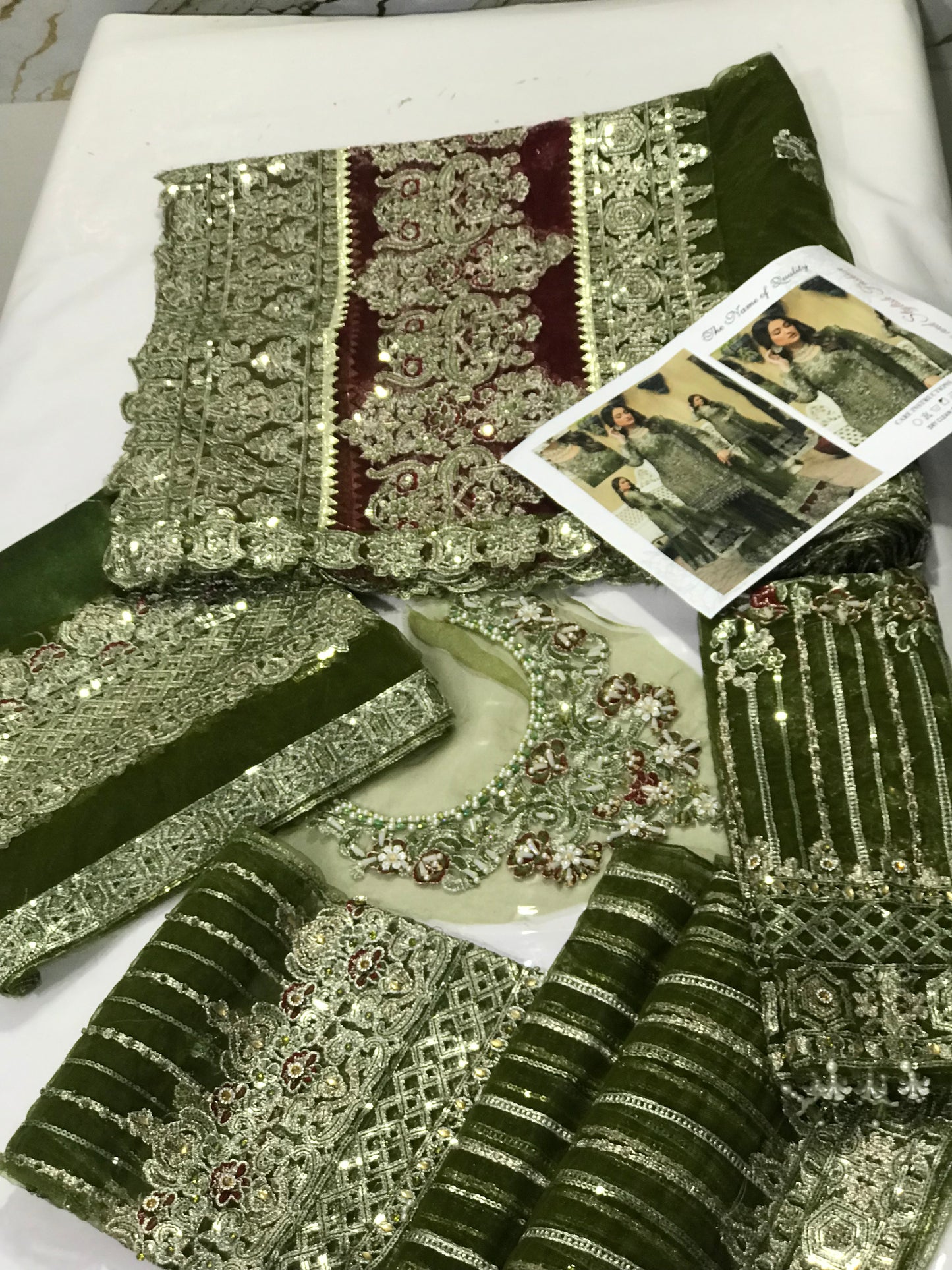 IMROZIA GREEN LUXURY FORMALS NET EMBROIDERED GHARARA DRESS