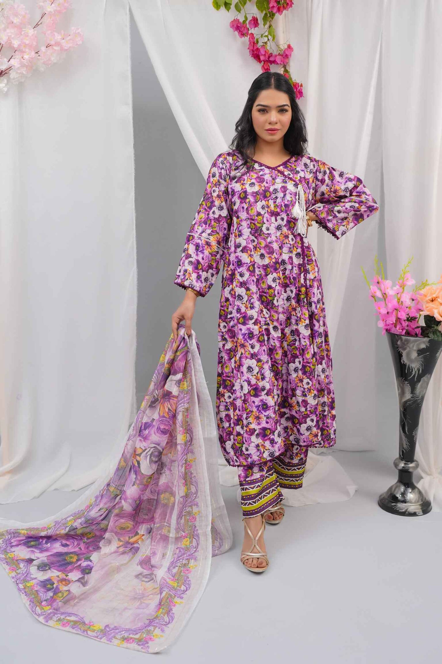 "3-Piece Stitched Swiss Lawn Dress (Shirt + Pants + Dupatta) – GPO Lace Panels | Summer Casual Wear | Sizes S/M/L"