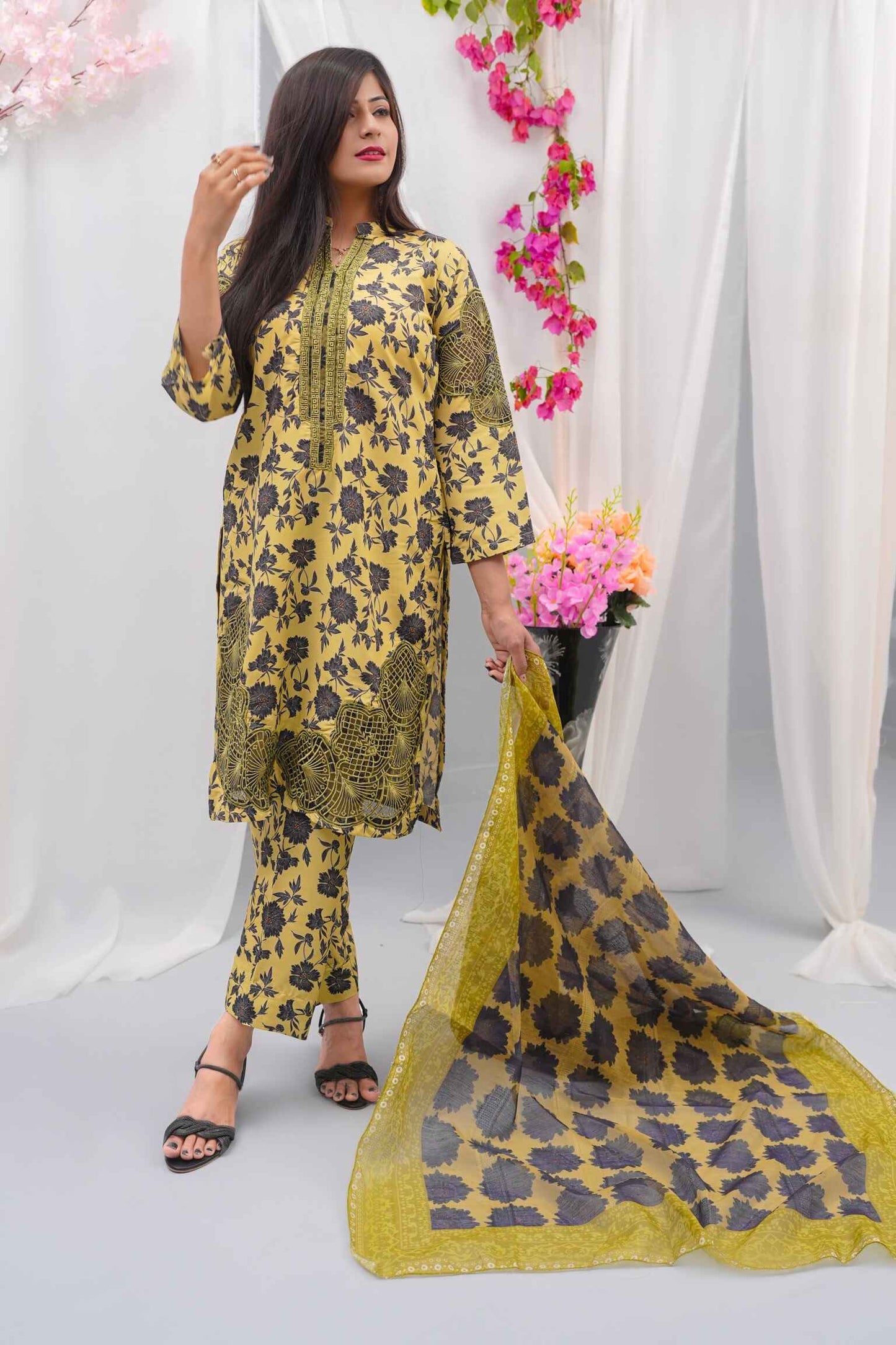 Swiss Premium Lawn 3-Piece Embroidered Suit (Shirt + Dupatta + Trouser) – Olive Floral