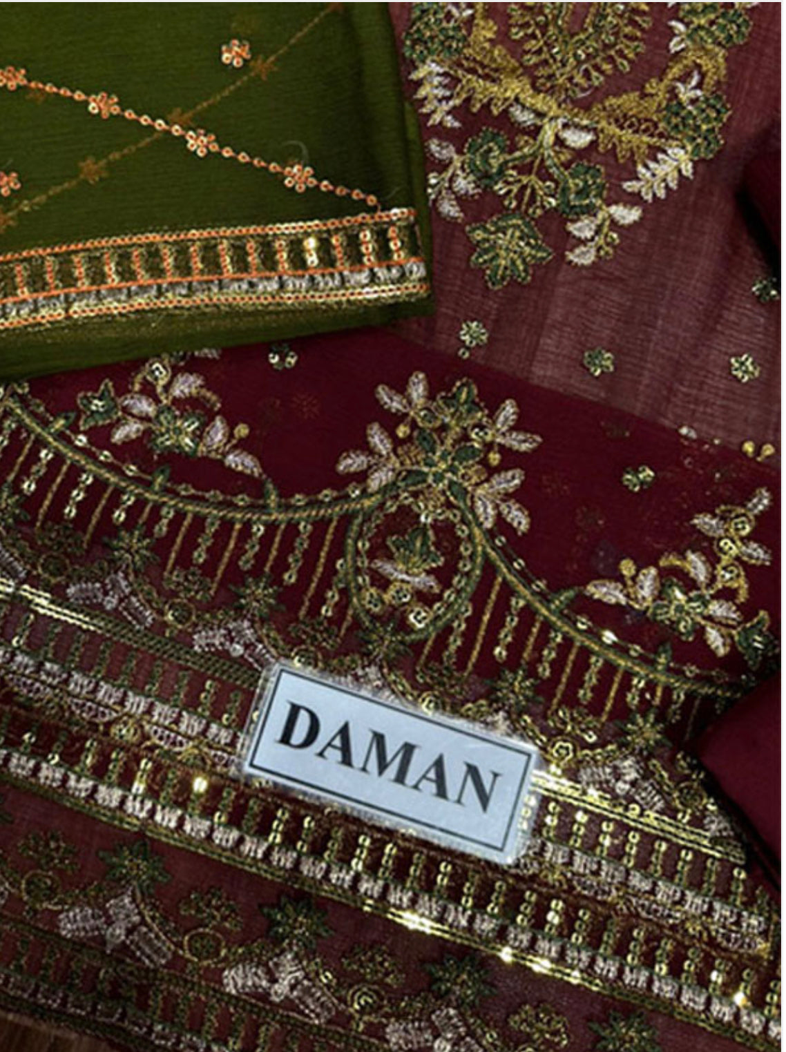 Embroidered Chiffon Dress Set (3 Pcs Unstitched) – Maroon & Green | Heavy Zari Thread & Sequins Work | Wedding Party Wear