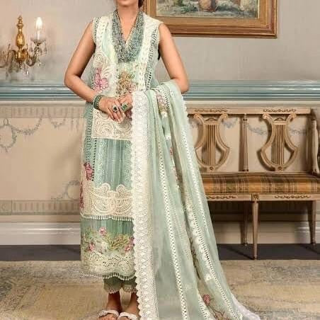 Crimson Brand Egyptian Cotton Lawn Shirt – Heavy Chikankari Embroidered with Organza Dupatta & Dyed Aqua Trouser