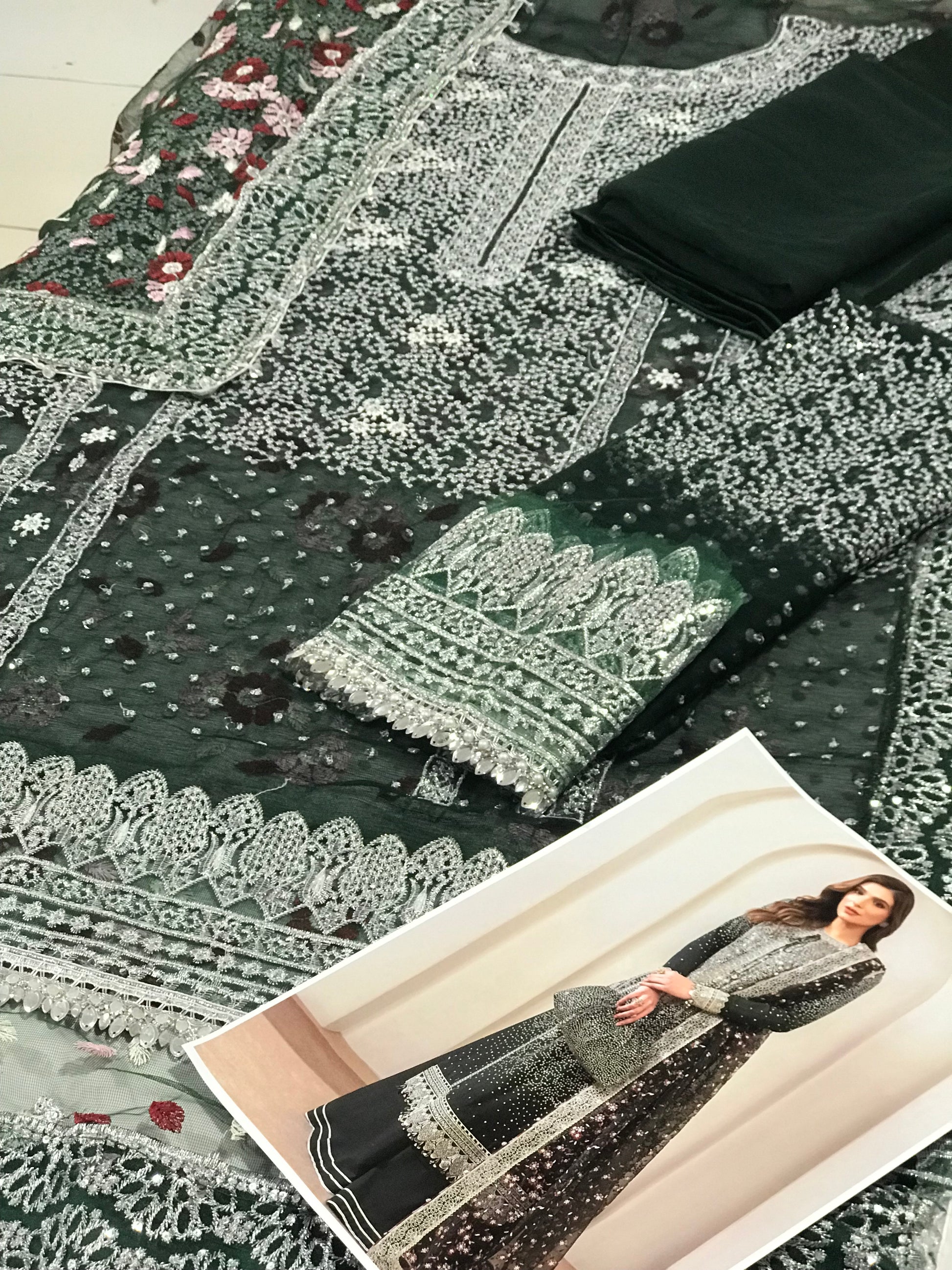 Jazmin-Inspired Dark Green Semi-Pure Chiffon Party Wear Ensemble with Zari Sequins Embroidered Shirt & Net Dupatta
