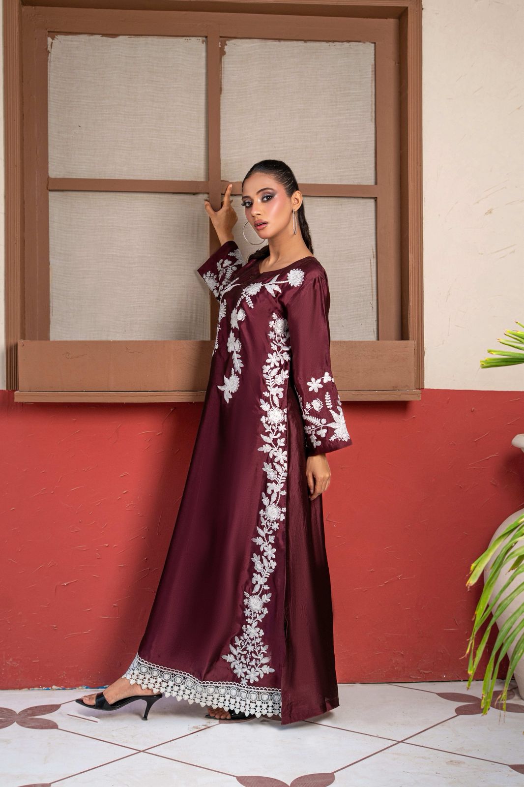 Premium Sheesha Silk Maroon Kaftan