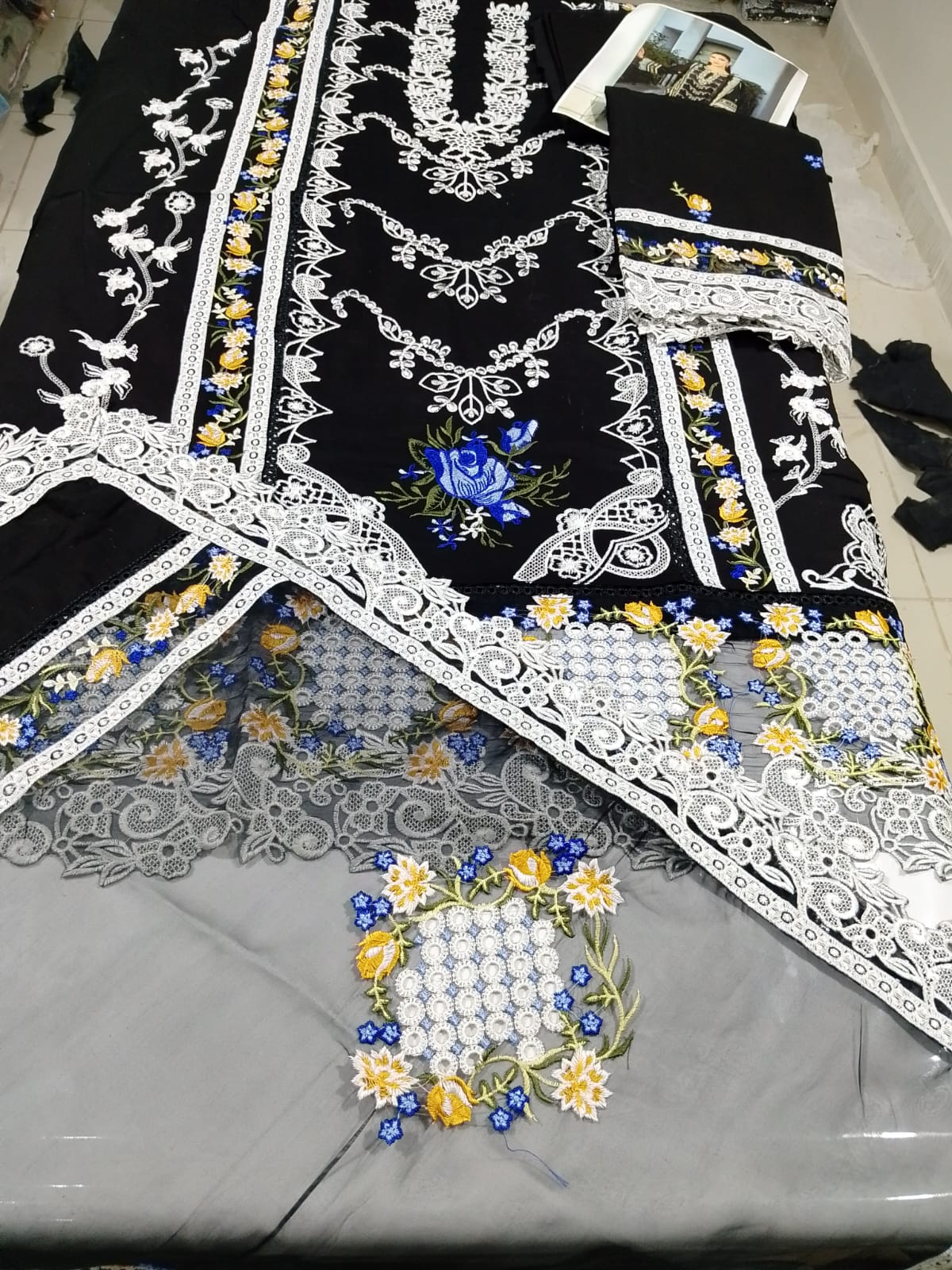 Elegant Black Cotton Chikankari Dress Set – Heavy Embroidery, Organza Dupatta & Plain Trouser | Unstitched Party Wear | Summer Brunch Outfit