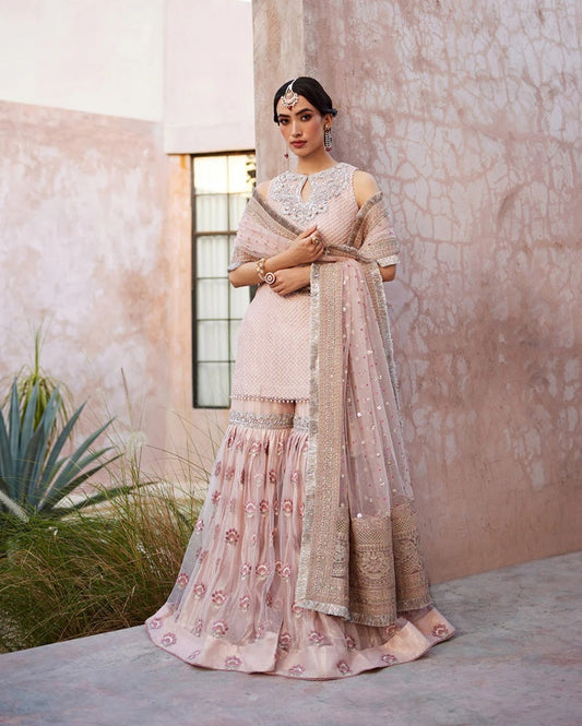 Faiza Saqlain Designer Gharara Outfit – Embroidered Net Shirt & Gharara with Pearls & Tilla Work