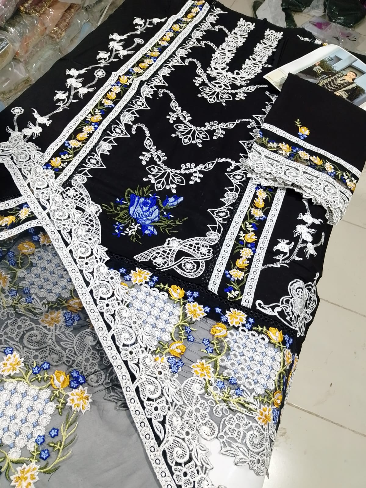 Elegant Black Cotton Chikankari Dress Set – Heavy Embroidery, Organza Dupatta & Plain Trouser | Unstitched Party Wear | Summer Brunch Outfit