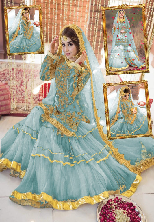 Aqua Embroidered Gharara Set with Zari, Sequins, Beads & Pearls | Heavy Handwork | 4-Side Kiran Lace Dupatta