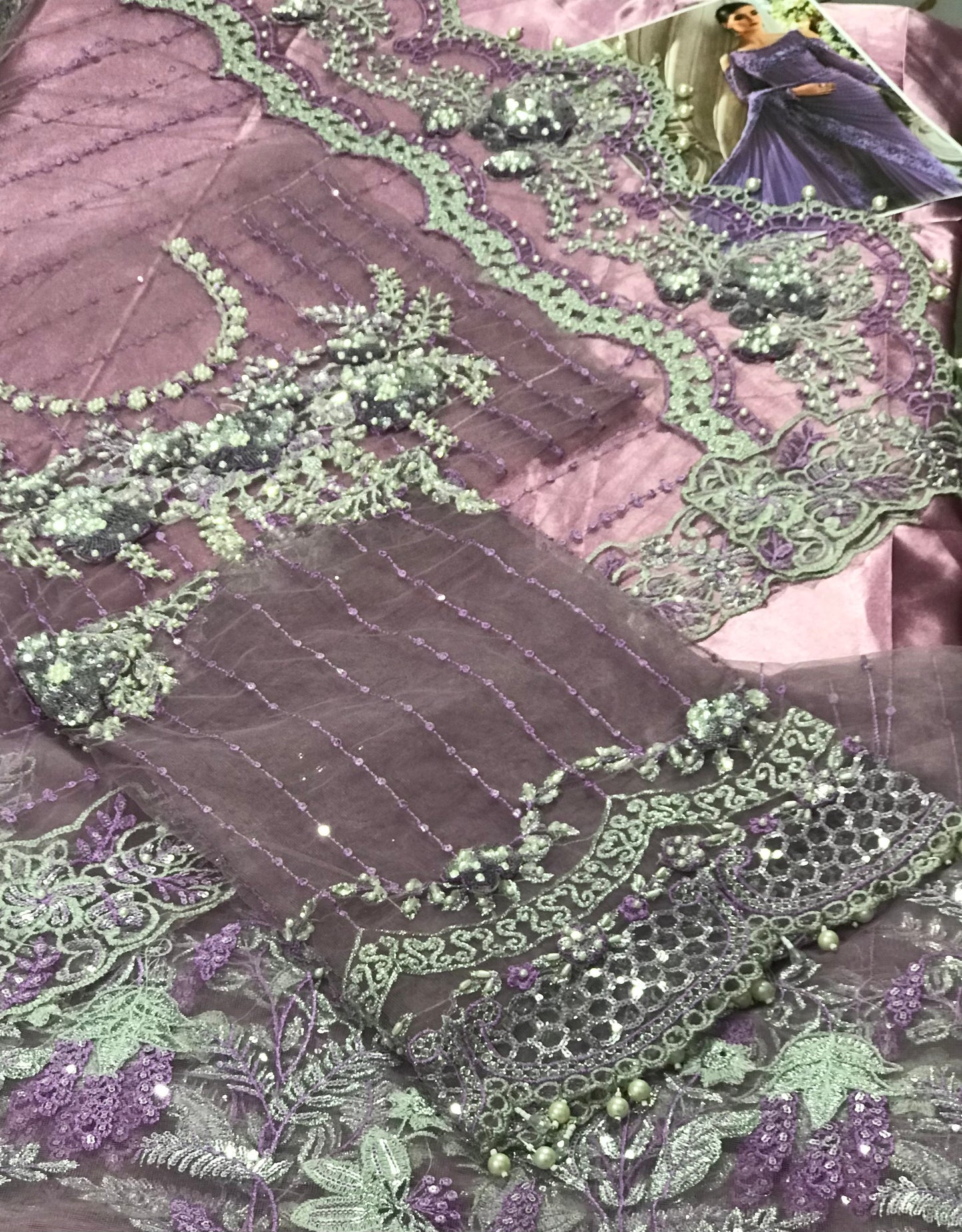 MARIA B NET EMBROIDERED SAREE WITH 3D FLOWERS ADDA HANDWORK PEARLS TASSELS 