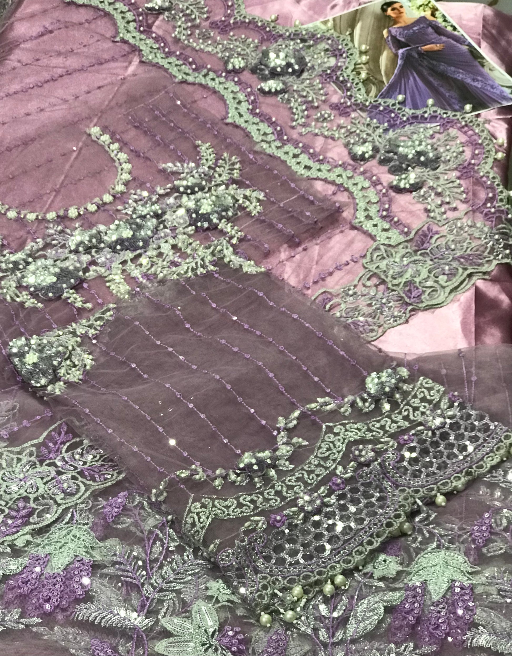 MARIA B NET EMBROIDERED SAREE WITH 3D FLOWERS ADDA HANDWORK PEARLS TASSELS 