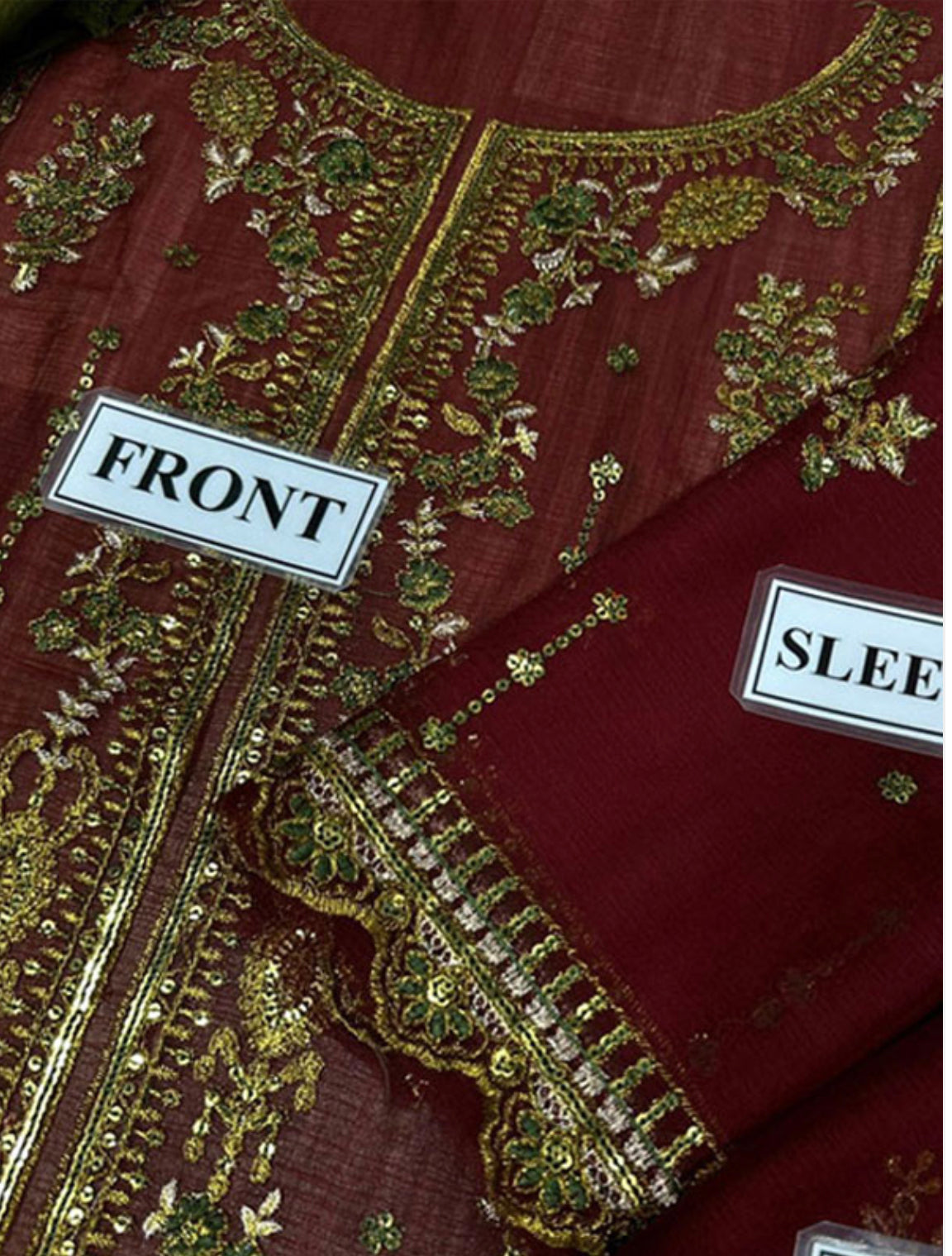 Embroidered Chiffon Dress Set (3 Pcs Unstitched) – Maroon & Green | Heavy Zari Thread & Sequins Work | Wedding Party Wear