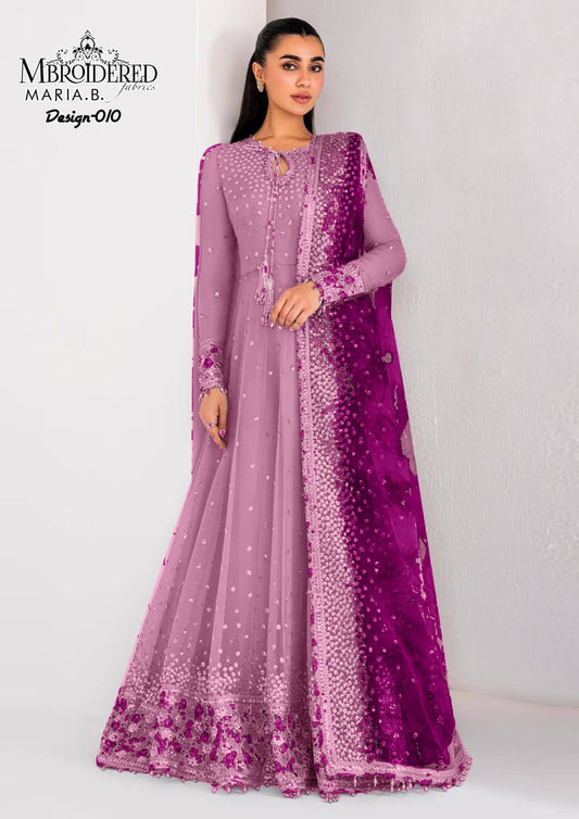 Pink Chiffon Maxi with Net Dupatta & Silk Trouser – Embroidered Zari Work, Sequins, and Stones"