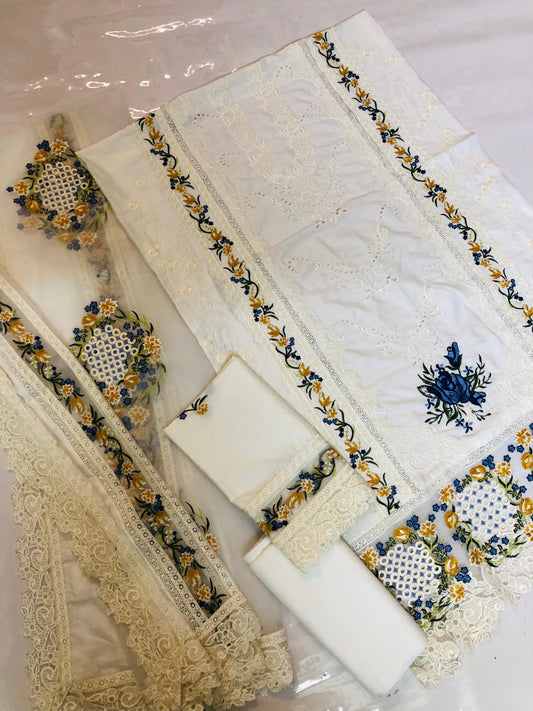 "Elegant Off-White Cotton Chikankari Dress Set – Heavy Embroidery, Organza Dupatta & Plain Trouser | Unstitched Party Wear | Summer Brunch Outfit"
