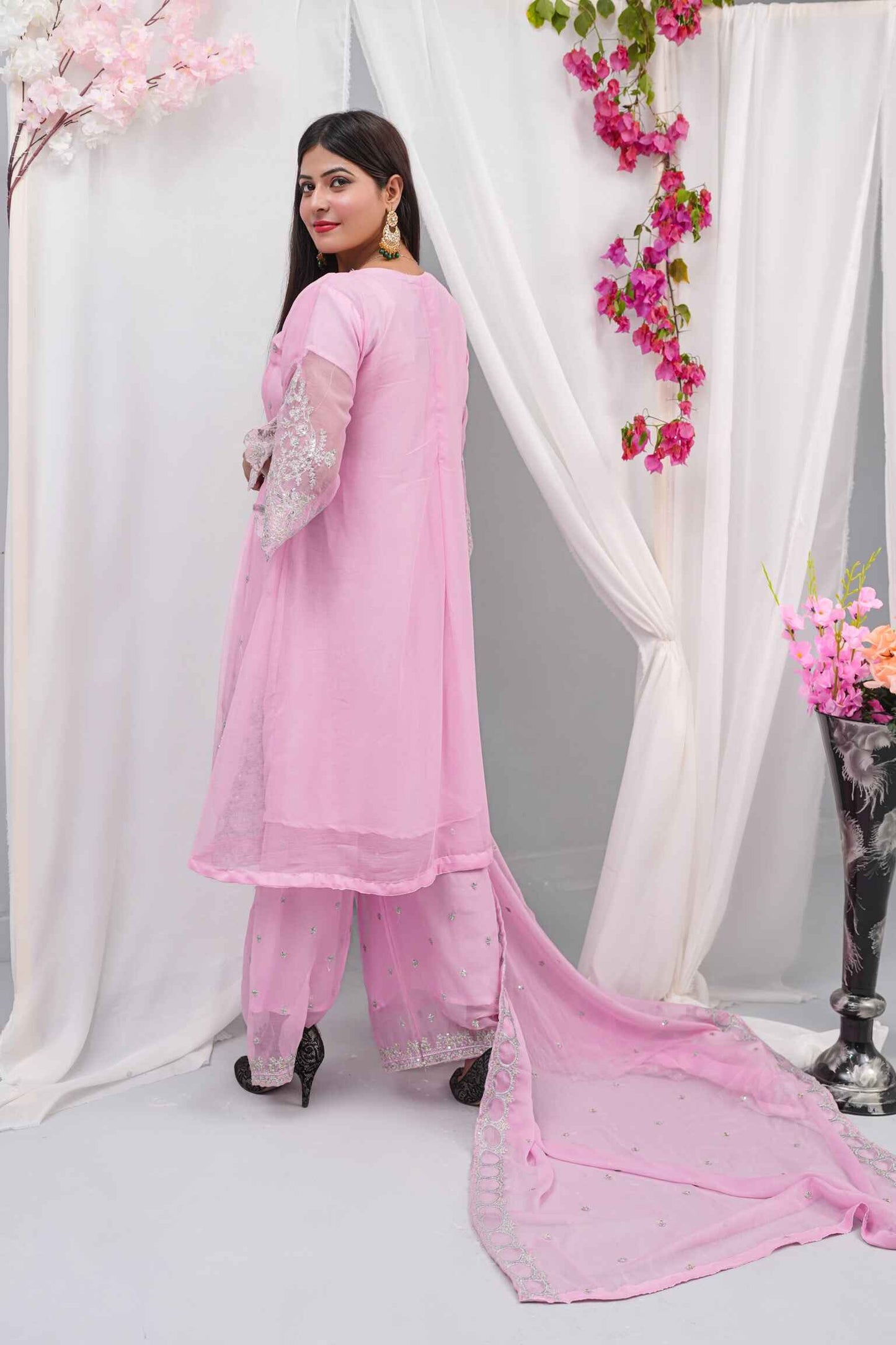 Premium Semi-Pure Chiffon Embroidered Dress – Handcrafted Handwork – Ready-to-Wear Wedding & Parties (Sizes S/M/L)
