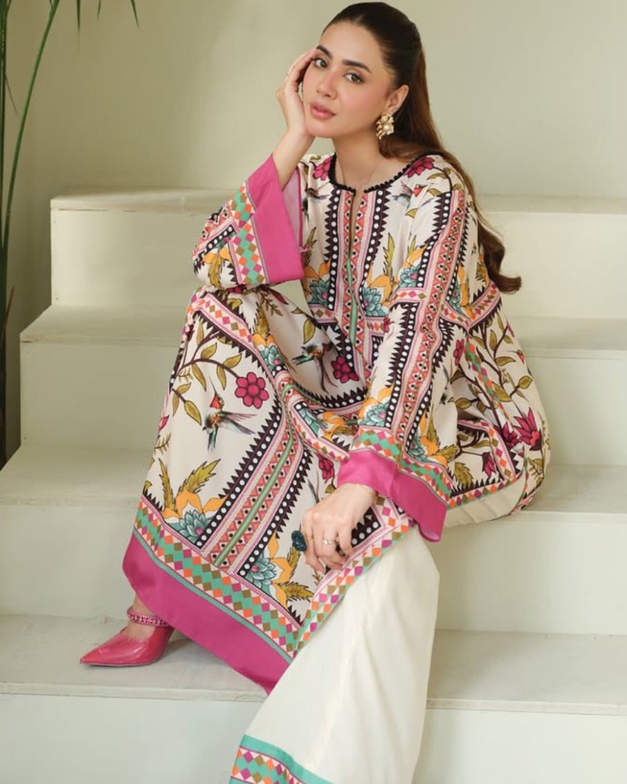 Digital Printed Charmeuse Silk Shirt & Trouser Set with Silk Dupatta – Luxury Loungewear & Party Wear