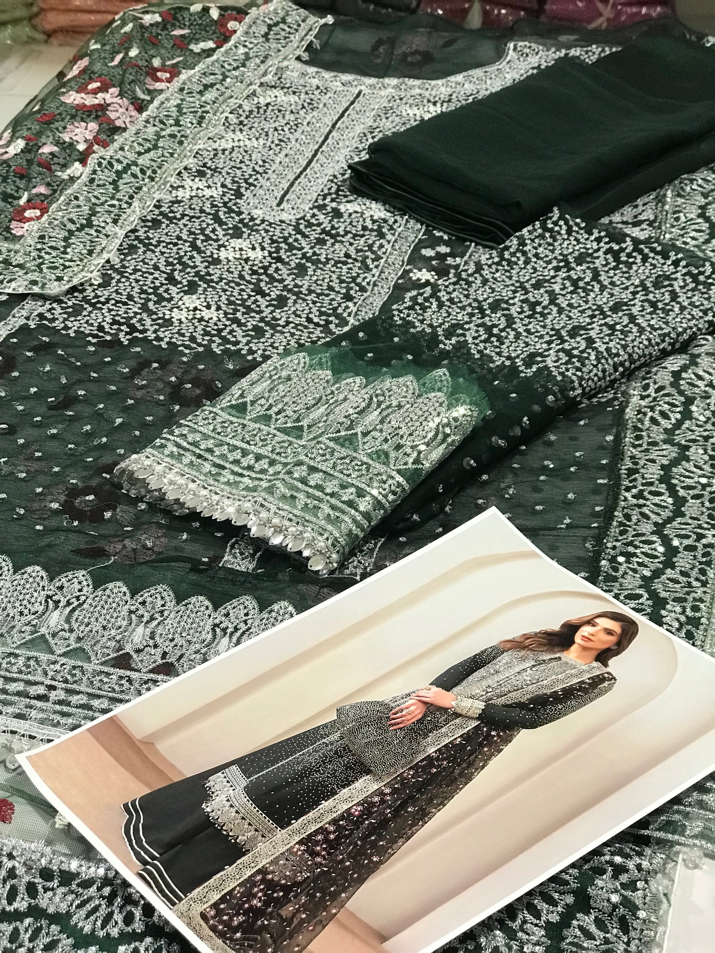 Jazmin-Inspired Dark Green Semi-Pure Chiffon Party Wear Ensemble with Zari Sequins Embroidered Shirt & Net Dupatta