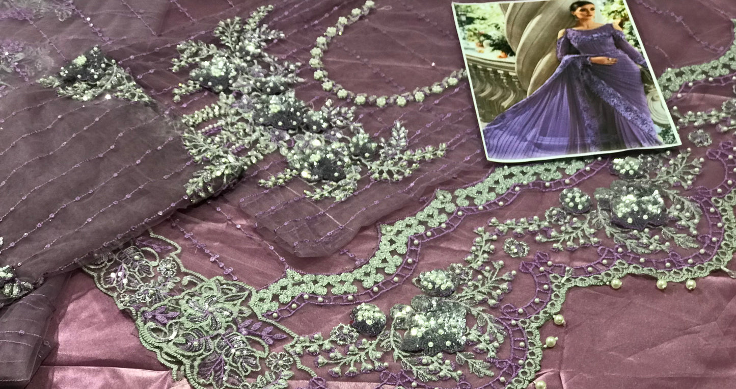 MARIA B NET EMBROIDERED SAREE WITH 3D FLOWERS ADDA HANDWORK PEARLS TASSELS 