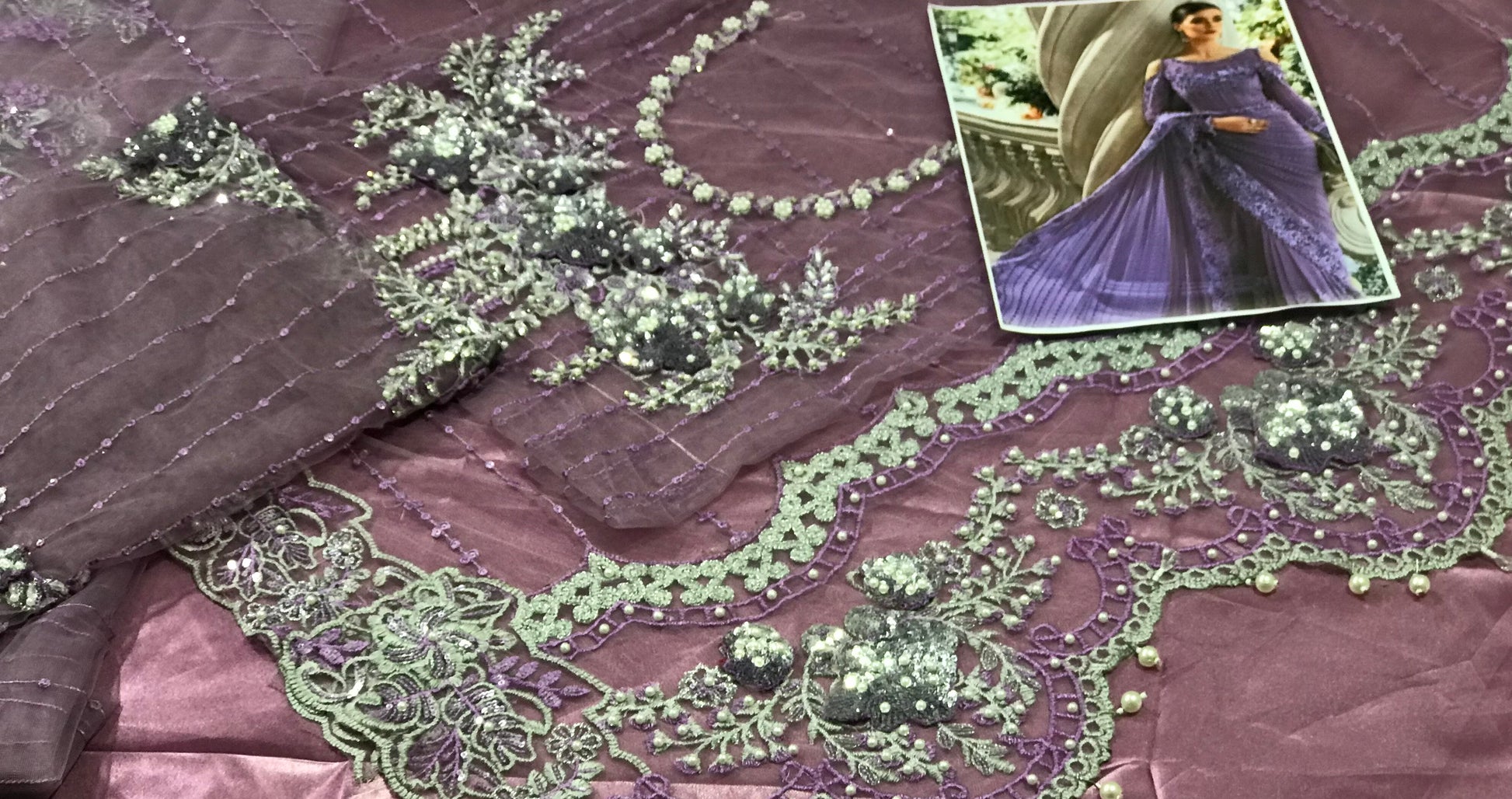 MARIA B NET EMBROIDERED SAREE WITH 3D FLOWERS ADDA HANDWORK PEARLS TASSELS 
