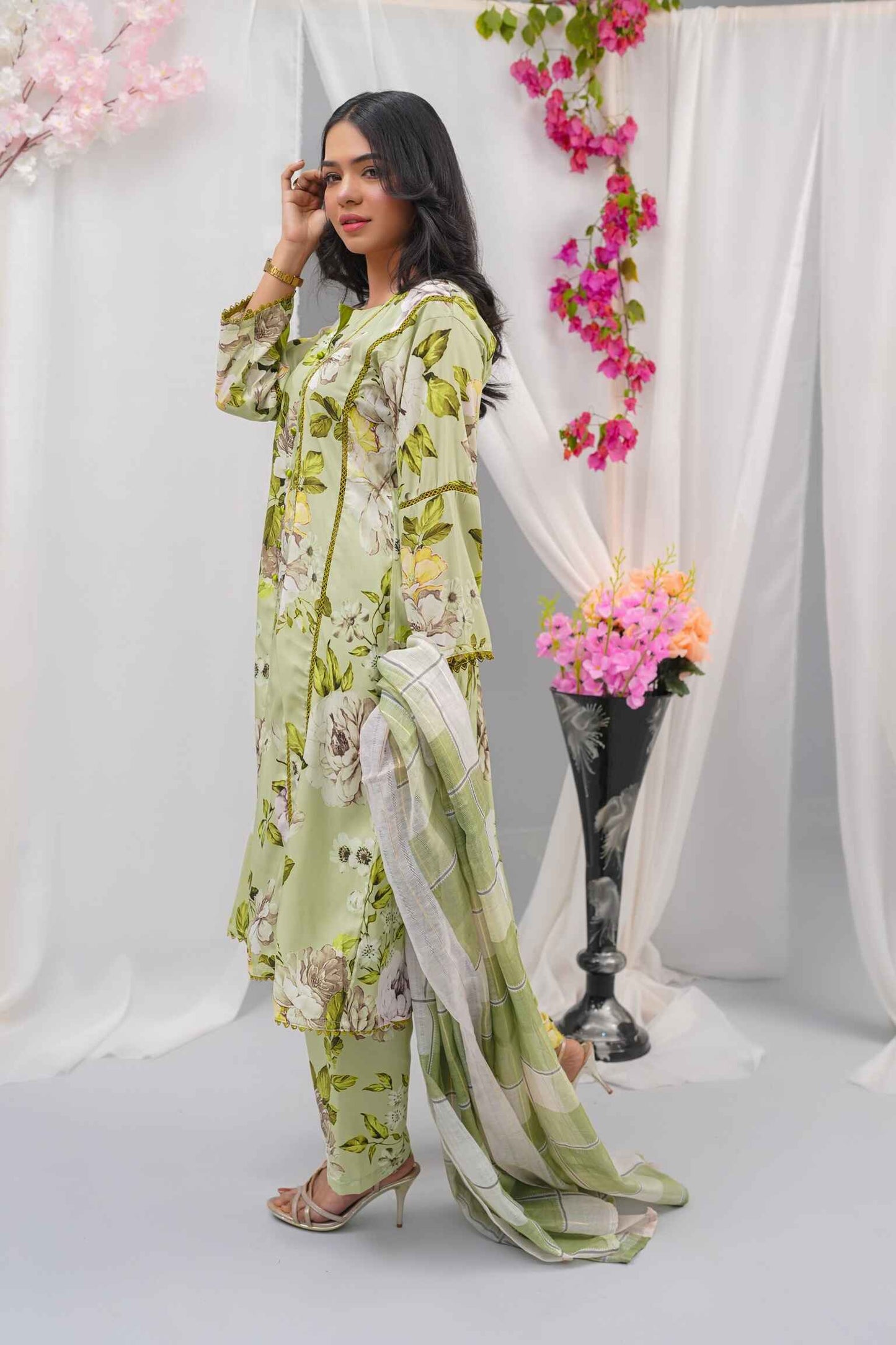 "3-Piece Stitched Swiss Lawn Dress (Shirt + Pants + Dupatta) – GPO Lace Panels | Summer Casual Wear | Sizes S/M/L"