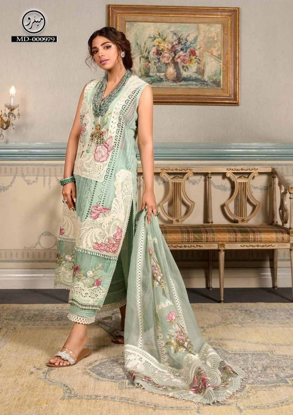 Crimson Brand Egyptian Cotton Lawn Shirt – Heavy Chikankari Embroidered with Organza Dupatta & Dyed Aqua Trouser