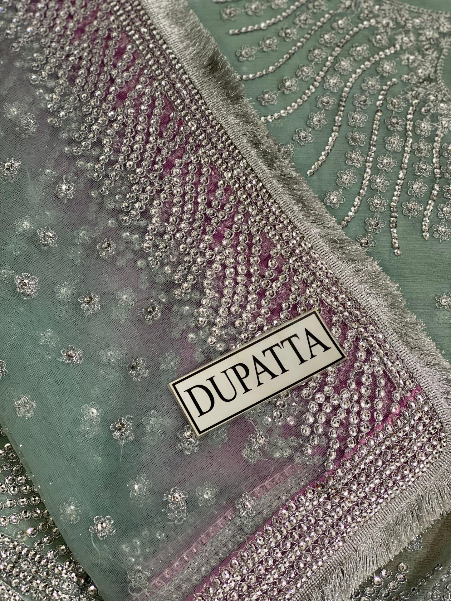 "Pink Aqua Chiffon Maxi with Net Dupatta & Silk Trouser – Embroidered Zari Work, Sequins, and Stones"