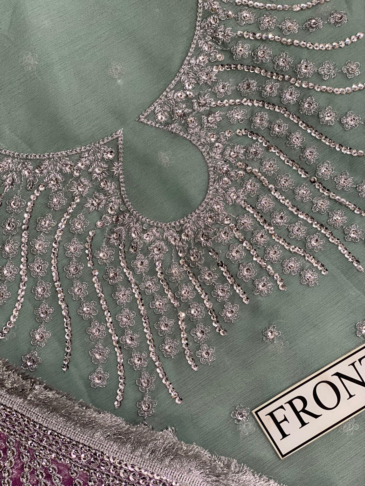 "Pink Aqua Chiffon Maxi with Net Dupatta & Silk Trouser – Embroidered Zari Work, Sequins, and Stones"