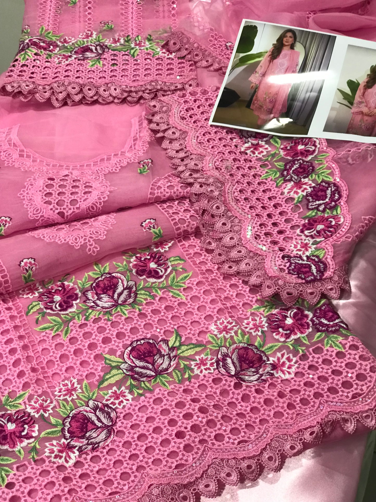 ANEELAS PREMIUM ORGANZA EMBROIDERED CHIKAN KARI DRESS