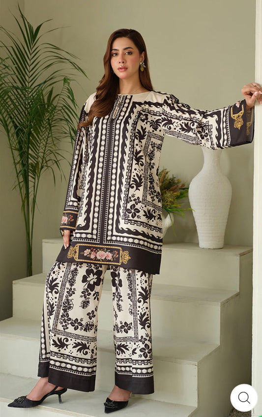 Digital Printed Charmeuse Silk Shirt & Trouser Set with Silk Dupatta – Luxury Loungewear & Party Wear