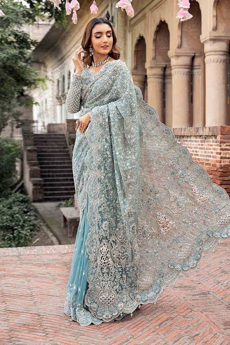 MARIA B DESIGNS MABEL NET EMBROIDERED ICE BLUE SAREE