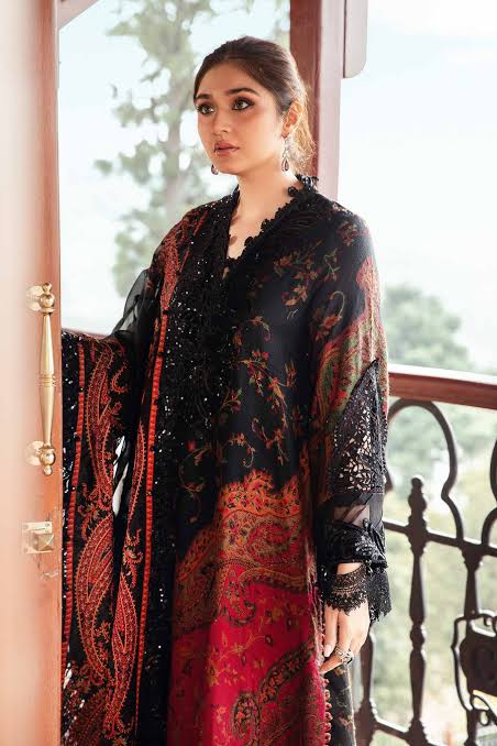 Maria B 3pcs Unstitched Lawn Dress with chiffon Dupatta Embroidered Embellishments