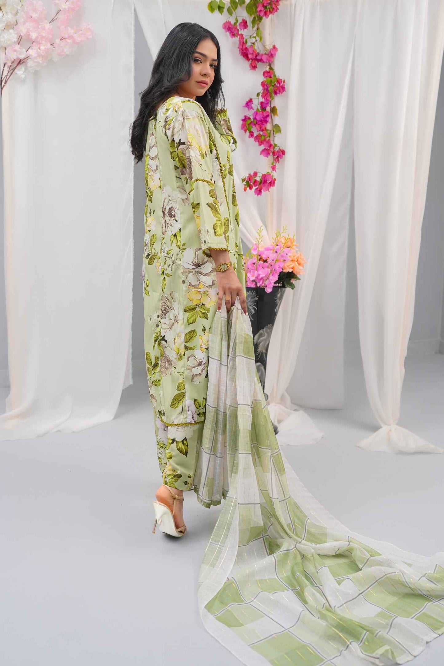 "3-Piece Stitched Swiss Lawn Dress (Shirt + Pants + Dupatta) – GPO Lace Panels | Summer Casual Wear | Sizes S/M/L"