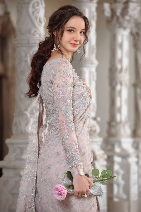 Sana Yousaf wearing pale pink beaded saree