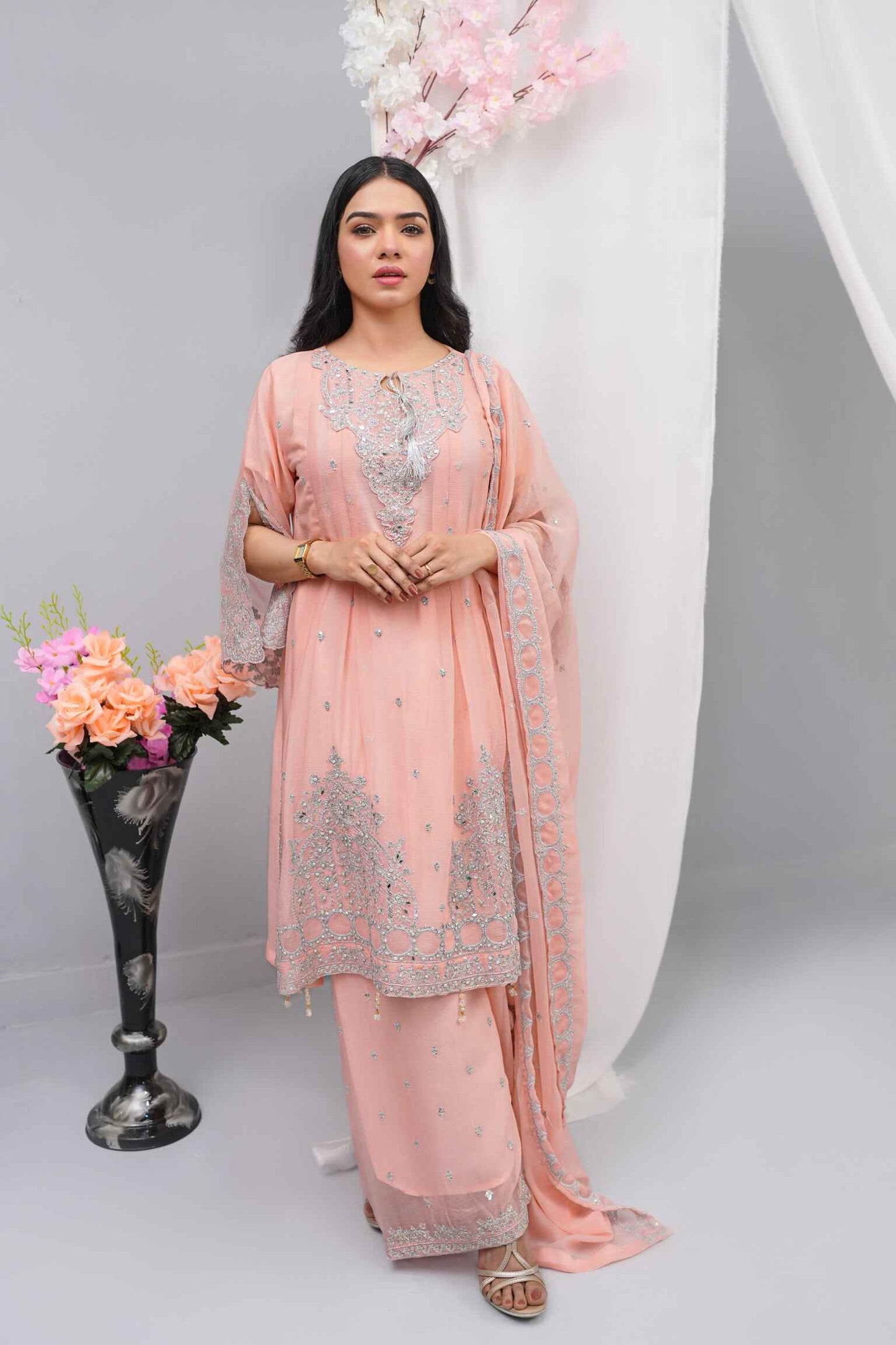 Premium Semi-Pure Chiffon Embroidered Dress – Handcrafted Handwork – Ready-to-Wear Wedding & Parties (Sizes S/M/L)