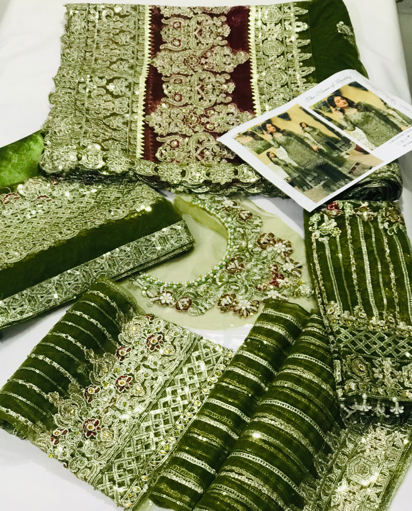 IMROZIA GREEN LUXURY FORMALS NET EMBROIDERED GHARARA DRESS
