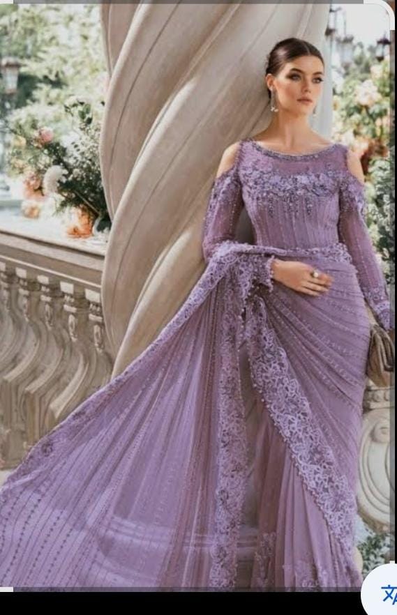 MARIA B NET EMBROIDERED SAREE WITH 3D FLOWERS ADDA HANDWORK PEARLS TASSELS 