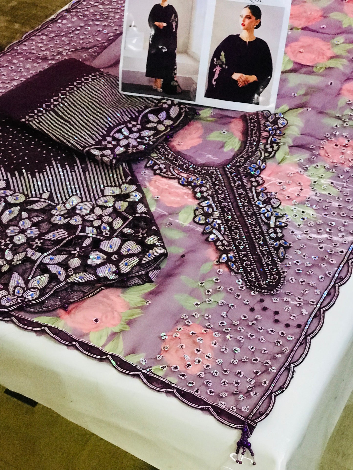 Baroque Chantelle Organza Unstitched 3-Piece Suit – Embroidered Shirt, Digital Printed Dupatta & Silk Trouser Maroon