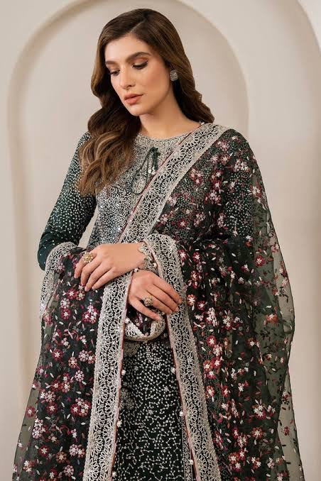 Jazmin-Inspired Dark Green Semi-Pure Chiffon Party Wear Ensemble with Zari Sequins Embroidered Shirt & Net Dupatta