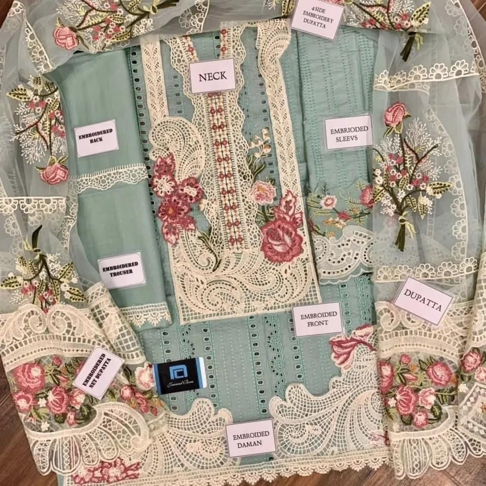 Crimson Brand Egyptian Cotton Lawn Shirt – Heavy Chikankari Embroidered with Organza Dupatta & Dyed Aqua Trouser