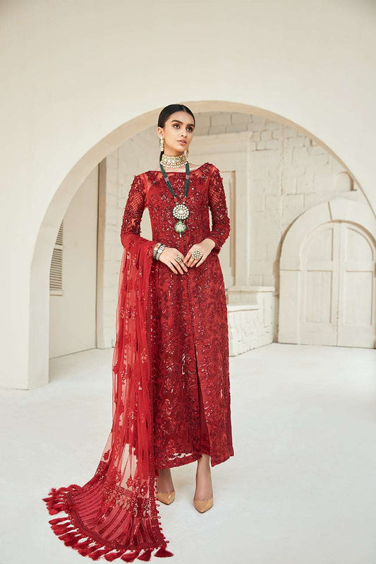 MARYAM HUSSAIN RED DRESS LUXURY FORMALS HEAVY NET EMBROIDERED WITH SEQUINS BEADS EMBELLISHMENTS 