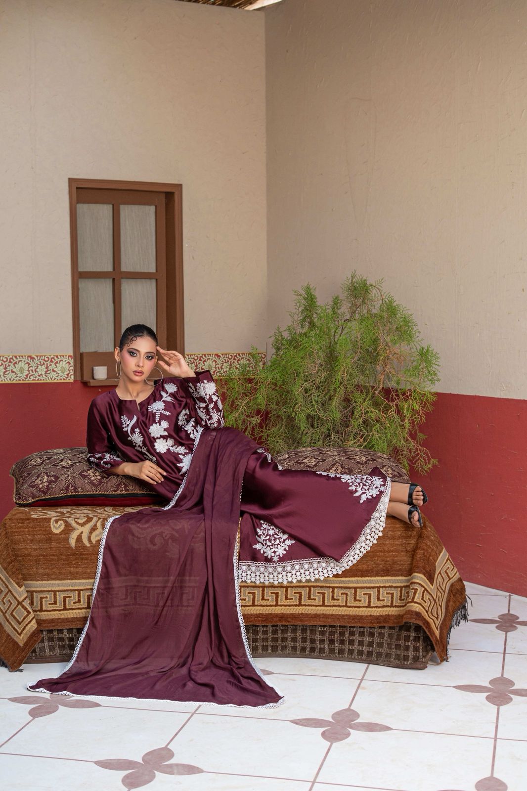 Premium Sheesha Silk Maroon Kaftan