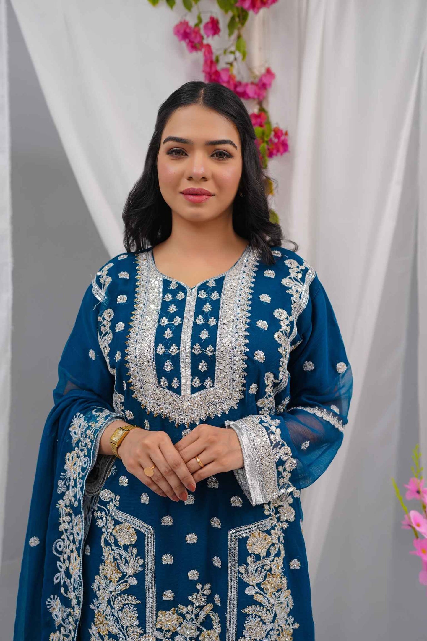 Embroidered Chiffon 3-Piece Suit (Zari + Sequins) – Pastel Floral with Kiran Lace & Lining