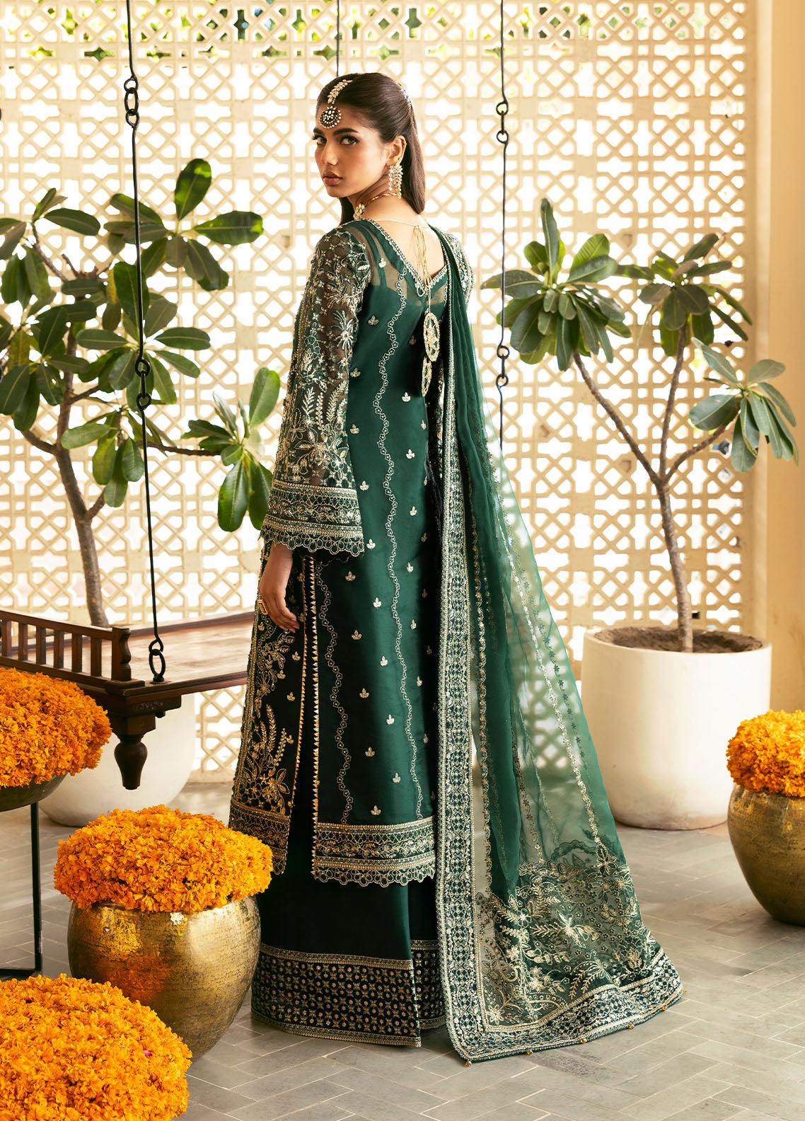 Deep Green Embroidered Partywear Set | BRAND GULAL ZAYRA LUXURY Chiffon Shirt, Net Dupatta & Silk Trouser