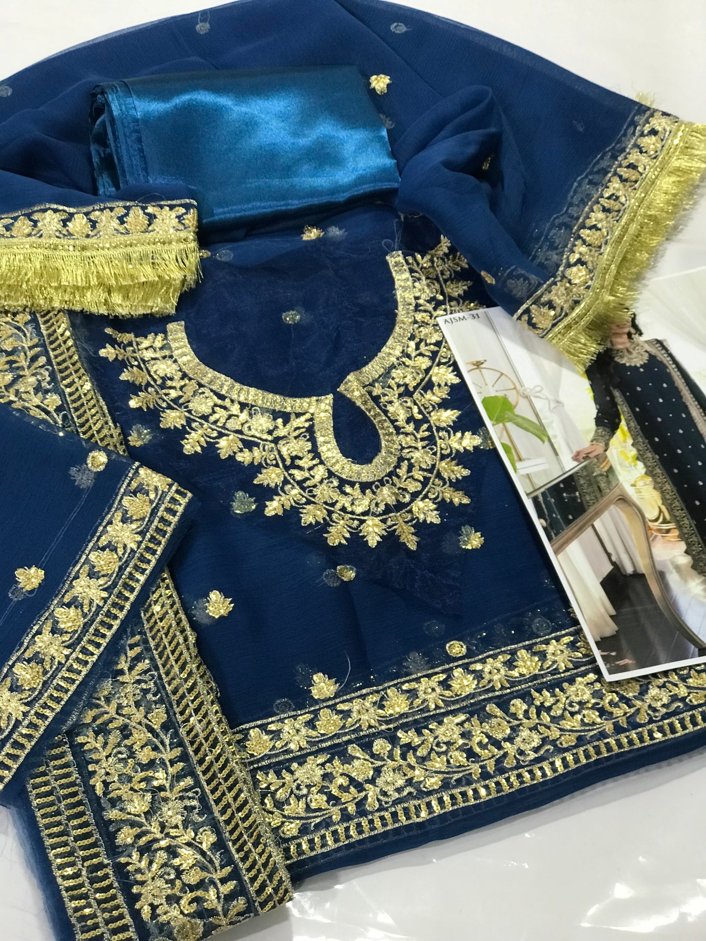 ASIM JOFA Embroidered Chiffon Shirt & Silk Trouser Set | Heavy Embroidery | 4-Sided Dupatta
