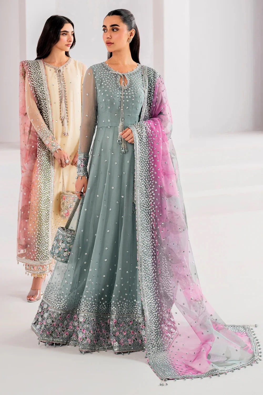 "Pink Aqua Chiffon Maxi with Net Dupatta & Silk Trouser – Embroidered Zari Work, Sequins, and Stones"
