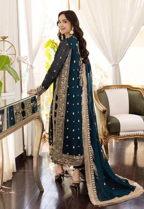 ASIM JOFA Embroidered Chiffon Shirt & Silk Trouser Set | Heavy Embroidery | 4-Sided Dupatta