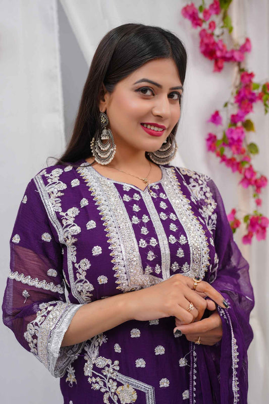 Embroidered Chiffon 3-Piece Suit (Zari + Sequins) – Pastel Floral with Kiran Lace & Lining