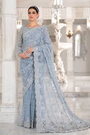 Maria B. Couture Ice Blue MC-049 Chikankari Saree – Pearl, Sequins & Cutwork on Soft Net | Bridal Party Wear