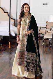 Baroque Chantelle Premium Embroidered Skin Shirt, Black Organza Dupatta & Malai Trouser Set – Luxury Party Wear