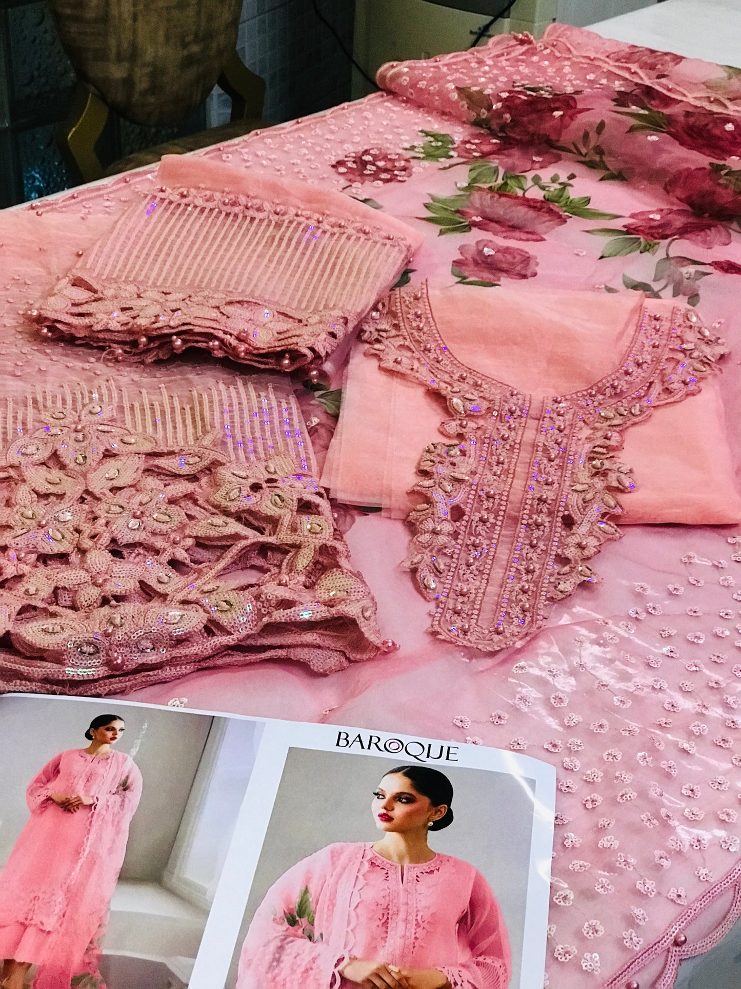 Baroque Chantelle Organza Unstitched 3-Piece Suit – Embroidered Shirt, Digital Printed Dupatta & Silk Trouser Peach