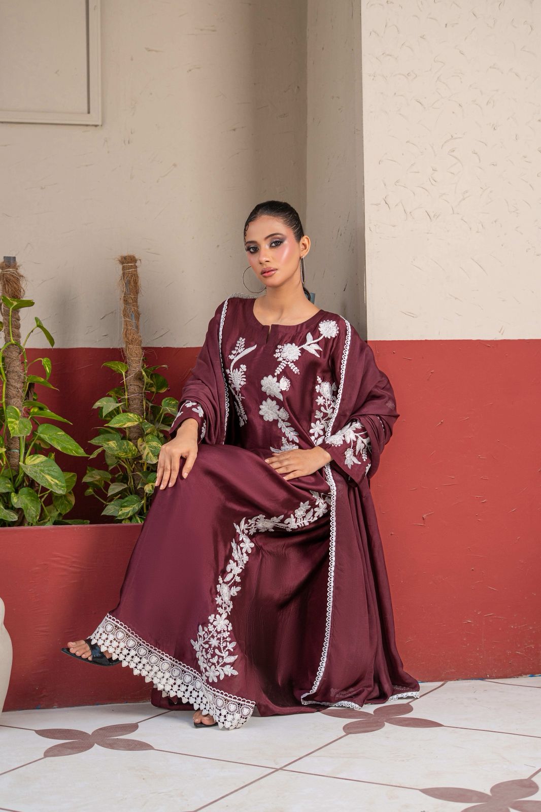 Premium Sheesha Silk Maroon Kaftan